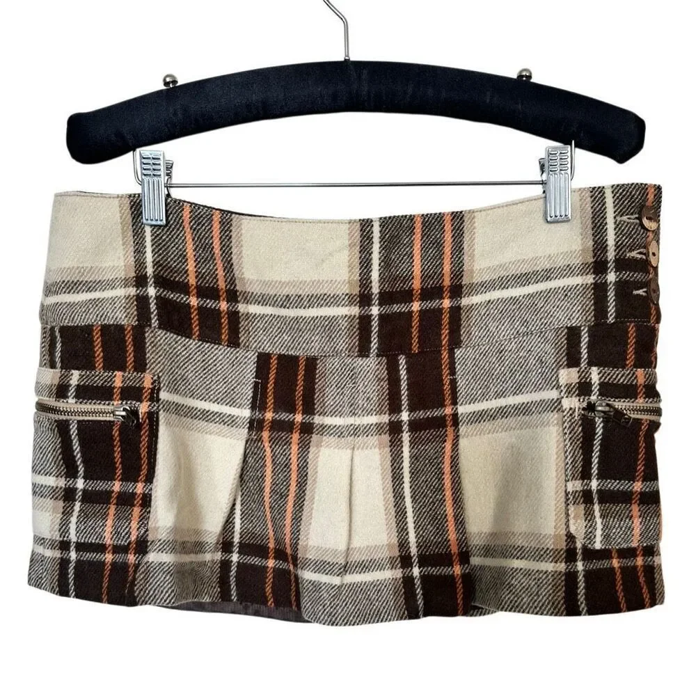 VTG Hollister Plaid Wool Blend Mini Skirt - Brown Orange Cream - Size 11